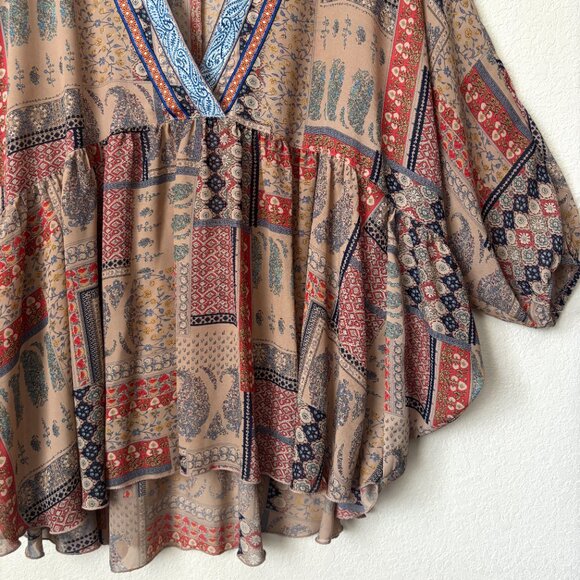 Ivy Jane Boho Printed V-Neck Flowy Peasant High Low Blouse Top - Picture 6 of 8